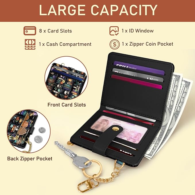 Jogjam Bookshelf and Skull Goth Gothic Skeleton Rfid Women Wallet, Small Slim Thin Compact Travel Credit Card Wallet, PU Leather Bifold Cash Wallet, Zipper Coin Pocket ID Window, Female Ladies Gifts