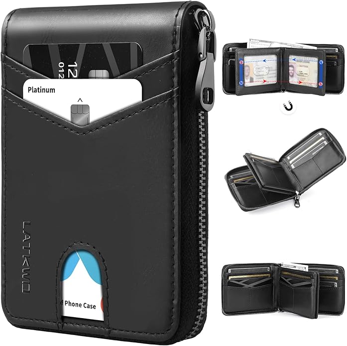 Men’s RFID Blocking Zipper Large Dimensions Wallet with 2 ID Windows - Large Capacity Design, 13 Credit Card Slots