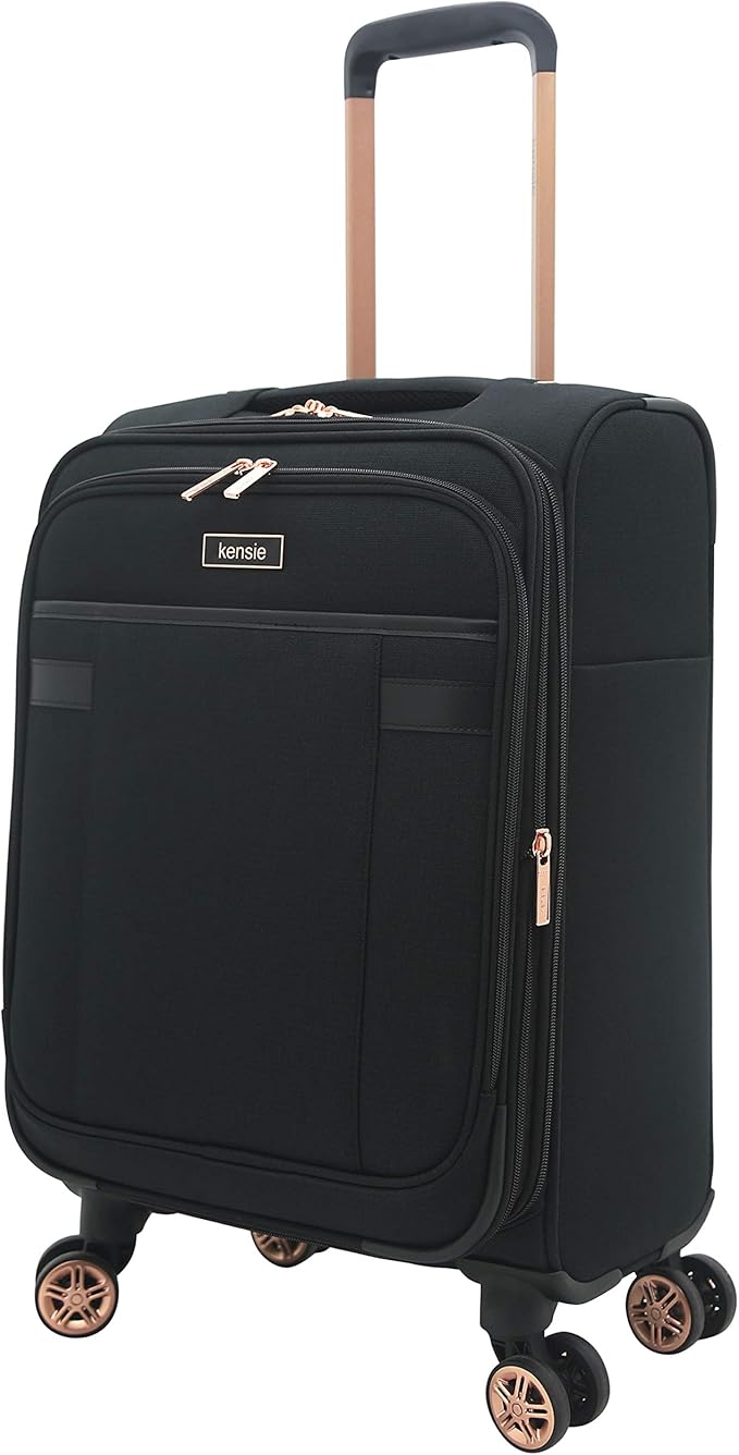 kensie Hudson Softside 3-Piece Spinner Luggage Set, Black with Rose Gold