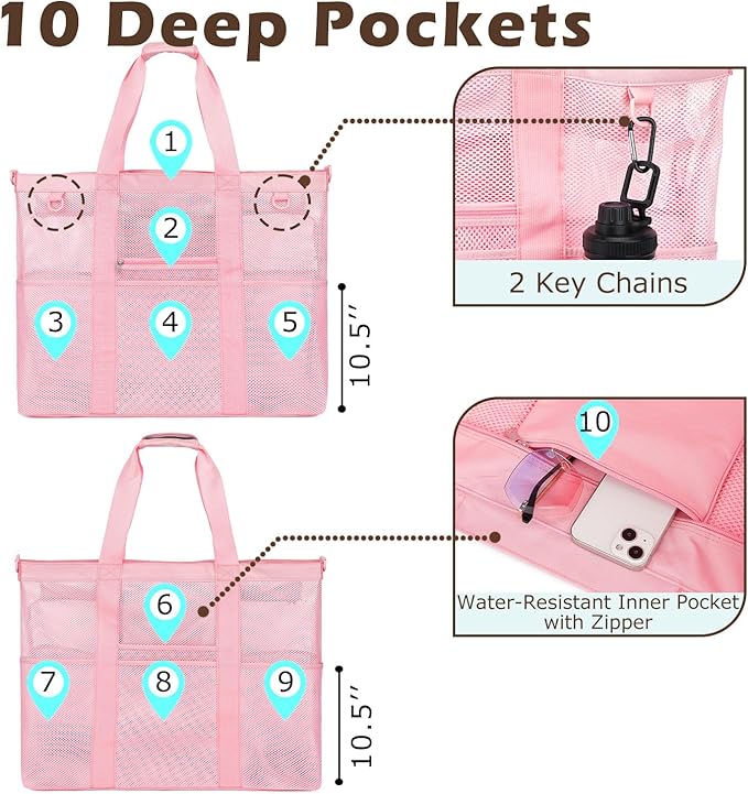Fammart Mesh Beach Bag, Large Beach Tote with Zipper Pocket, Toys Pool Bag for Family Travel Vacation Cruise Essentials