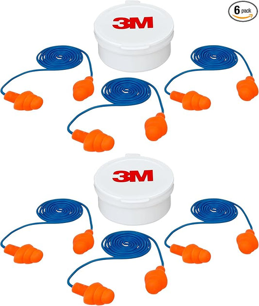 3M Corded Reusable Earplugs, 3 Pack, Noise Reduction Rating (NRR) 25 dB, Easy to Use & Insert, Pliable & Tri-Flange Design Enhances Comfort & Fit, Orange Ear Plugs (90716H3-DC), 3 Pair (Pack of 2)
