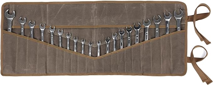 Denifiter Wrench Roll Up Pouch, Heavy Duty Waxed Canvas Tool Roll Bag Tool Organizer Bag With 20+4 Pockets (Brown)