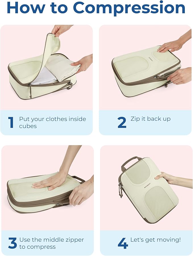 BAGSMART Compression Packing Cubes, 6 Set Packing Cubes for Suitcases, Lightweight Suitcases Organizers Bag Set & Compression Travel Cubes, Travel Essentials Packing Organizers