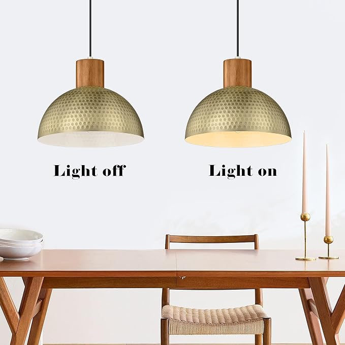 ELYONA Vintage Pendant Light Fixtures, 12” Brushed Brass Hammered Metal & Rubber Wood Industrial Dome Hanging Lamp, Antique Gold Kitchen Pendant Light for Island, Farmhouse, Sink, Dining Room, Hallway