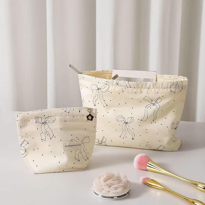 HAPPYHEIDI Makeup Bag Set,Cute Organizing Pouch, Cotton, Beige Bow Pattern, Zipper Closure, Large 10.2x7.8 Inches, Small 6.5x6.5 Inches, Lightweight