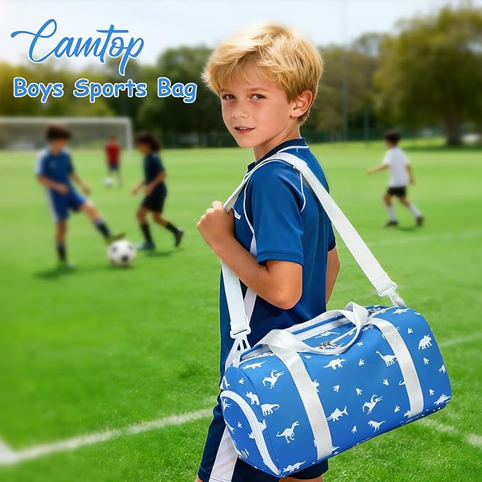 CAMTOP Kids Duffel Overnight Bag Boys Girls Toddler Weekender Carry-On Personalized Tote for Travel Gym Sport (A-Blue White Dinosaur)