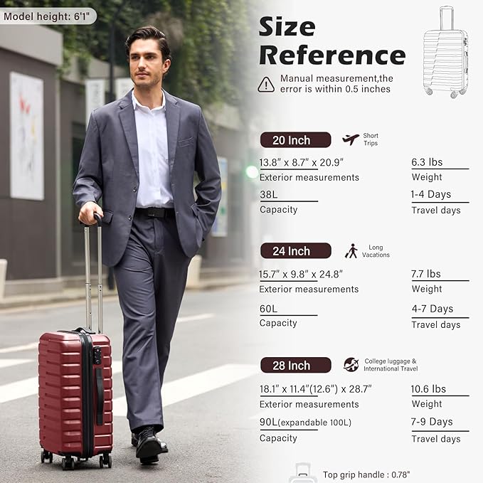 Coolife Expandable Large Checked Luggage with Spinner Wheels, Hard Shell Suitcase TSA Lock Rolling Travel Luggage 28-inch,Wine Red