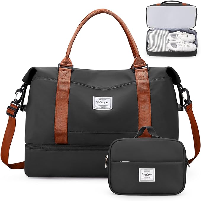 Weekender Bags for Women,Overnight Travel Duffel Bag with Shoes Compartment& Toiletry Bag,Extra Large(Black & Brown)