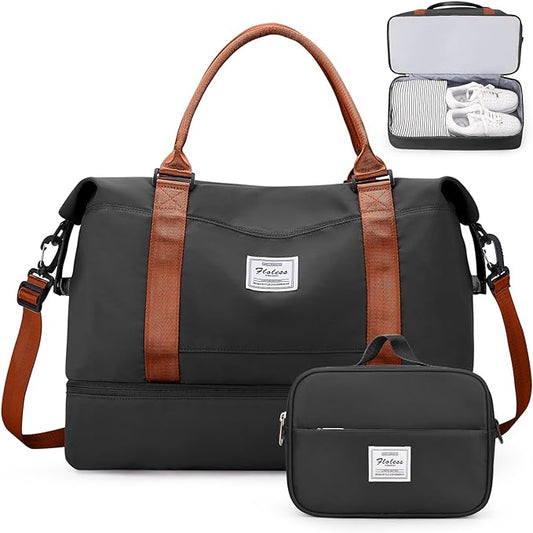 Weekender Bags for Women,Overnight Travel Duffel Bag with Shoes Compartment& Toiletry Bag,Extra Large(Black & Brown)