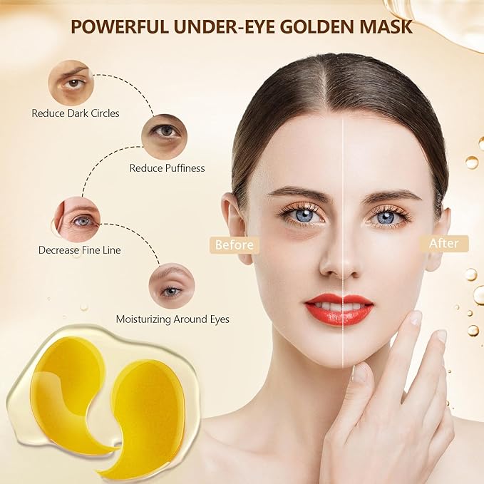 60 Pcs 24K Gold Under Eye Patches, 30 Pairs Undereye Mask for Puffy Eyes Dark Circles Treatment, Collagen Gel Pads Hydrating for Eye Bags Puffiness Wrinkle, Women Men Beauty Skin Care Products