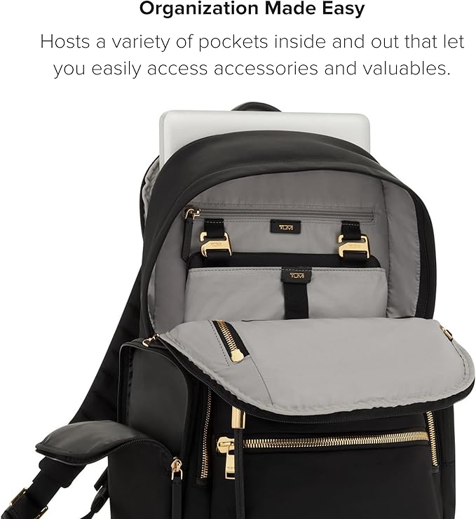 TUMI - Voyageur Celina Backpack - Women's Work and Travel Bag - 16.0" X 10.6" X 6.5" - Holds Up to 16" Laptop - Black & Gold Hardware