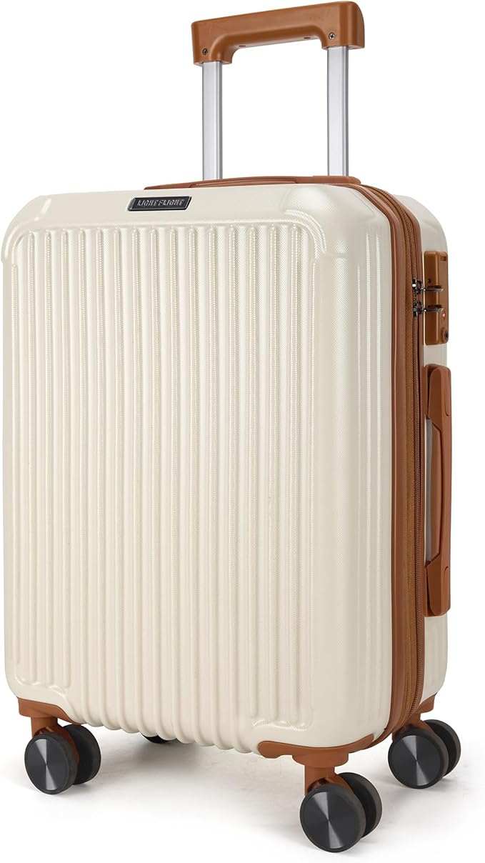 LIGHT FLIGHT Carry On Luggage 22x14x9 Airline Approved, Durable Hard Shell Carry On Suitcases with Wheels, Expandable Hardside Lightweight Travel Luggage with TSA Lock, Beige and Brown