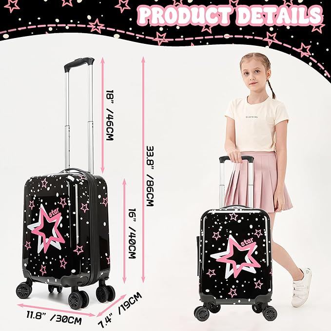 Kid's Luggage Set 2 Piece Suitcase Set Hardside Luggage with Spinner Wheels Girls Carry on Toddler Travel Rolling Suitcase with Neck Pillow Airline Approved