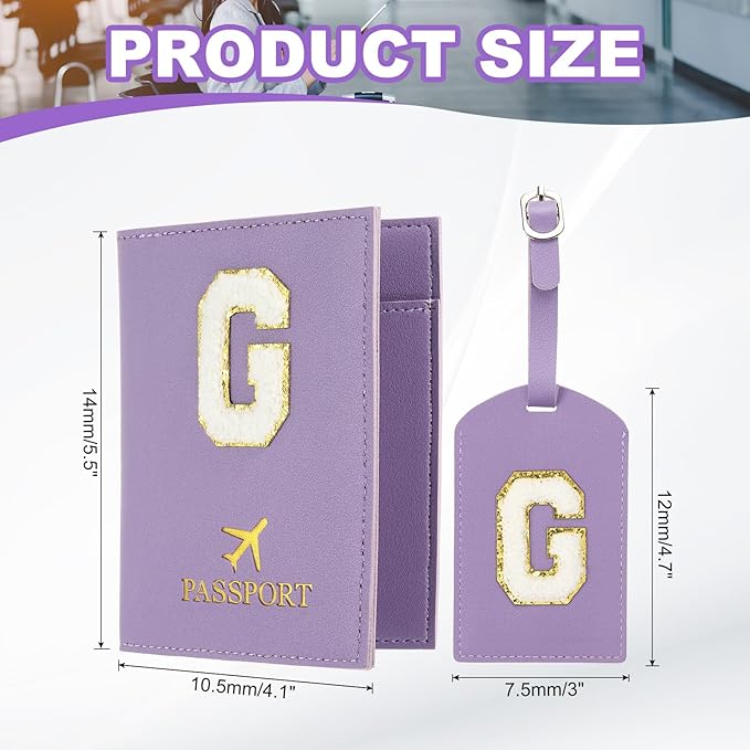PATIKIL Passport Holder for Travel, Initial Passport Cover and Luggage Tag Set with Alphabet Chenille Letter Patch Travel Wallet Bag Suitcase Identifier for Women Family Travel Purple G