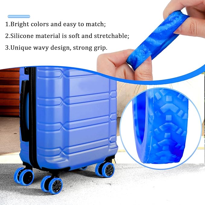BOXOB 8pcs Luggage Wheel Covers, Thickened Silicone Spinner Wheel Protectors, Blue+Light Blue