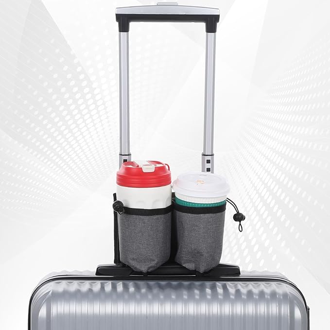 Luggage Cup Holder for Suitcase Foldable Beverage Carrier for Coffee Bottles Snacks, Suitcase Cup Holder Carrier for 2 Drinks Travel Universal Gray Airplane Drink Holders for Business Travelers