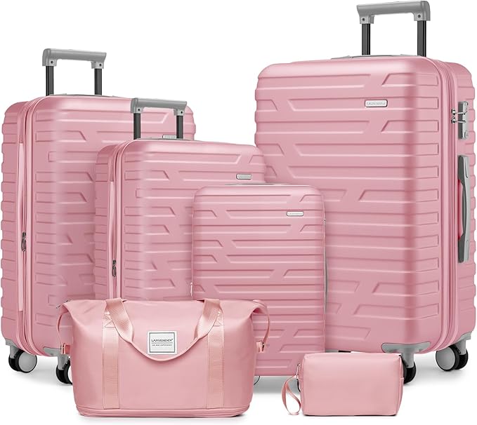 Pink 6 Piece Luggage Set Hard Shell - Expandable Suitcases with Spinner Wheels and Duffel Bags for Family Travel, Durable Carry On Luggage Sets with Lock for Women and Girls