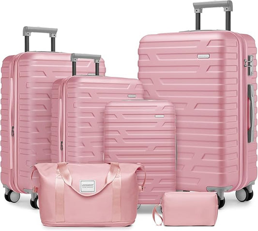 Pink 6 Piece Luggage Set Hard Shell - Expandable Suitcases with Spinner Wheels and Duffel Bags for Family Travel, Durable Carry On Luggage Sets with Lock for Women and Girls