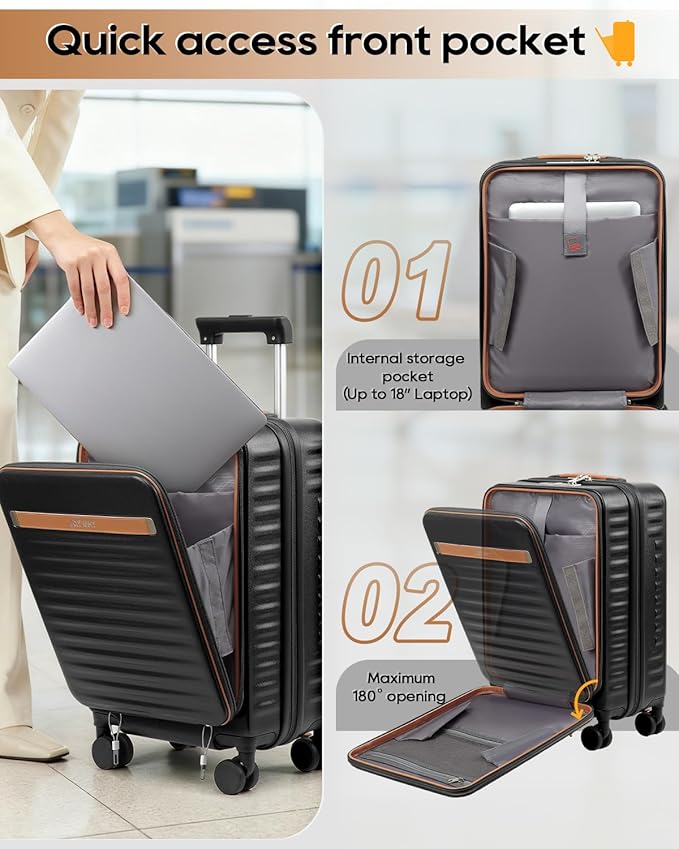Joyway Carry on Luggage Airline Approved with Front Compartment and Cup Holder, 20 Inch Hard Shell Carry-on Suitcase with Spinner Wheels and TSA Lock for Women Men