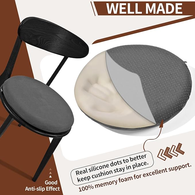 BUYUE Memory Foam Seat Cushion, Dia 16.5" Soft Velvet Round Stool Cushion Anti-Slip Chair Pads, L, Dark Grey