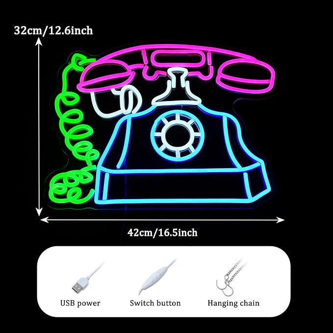 GNVETZLL Telephone Neon Sign Retro Phone Light Up Sign Dimmable Landline Neon Light Colorful Phone LED Sign for Bedroom Office Bar Shopping Center School