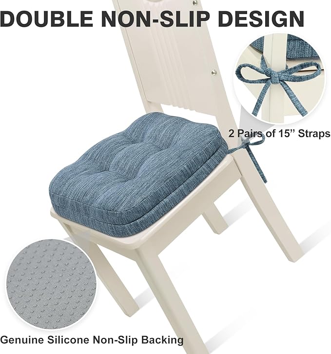 Shinnwa Kitchen Chair Cushions Set of 4, Dual-Layer Memory Foam Dining Chair Cushions, Patented Design Seat Pads with Ties, 16.5 x 16.5 x 3.5in, 4 Pack, Denim Blue