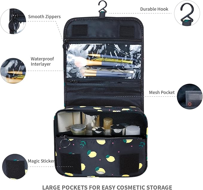 Large Capacity Toiletry Bag Travel Bag with Hanging Hook for Men and Women Waterproof Travel Cosmetic Bag Bathroom Storage Bag for Brushes Set,Full-Sized Shampoo,Accessories-Black Lemon