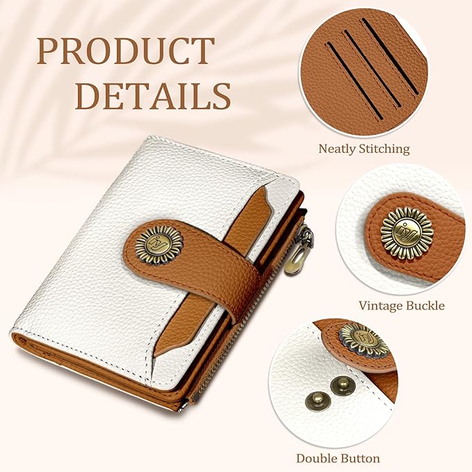 Icycay Beige Small Wallet Women RFID Blocking Bifold, Credit Card Holder, Zipper Coin Pocket, PU Leather, Compact, Travel, 4 ID Window, 14 Card Slots, Cash Purse, Ladies Woman Female Girls
