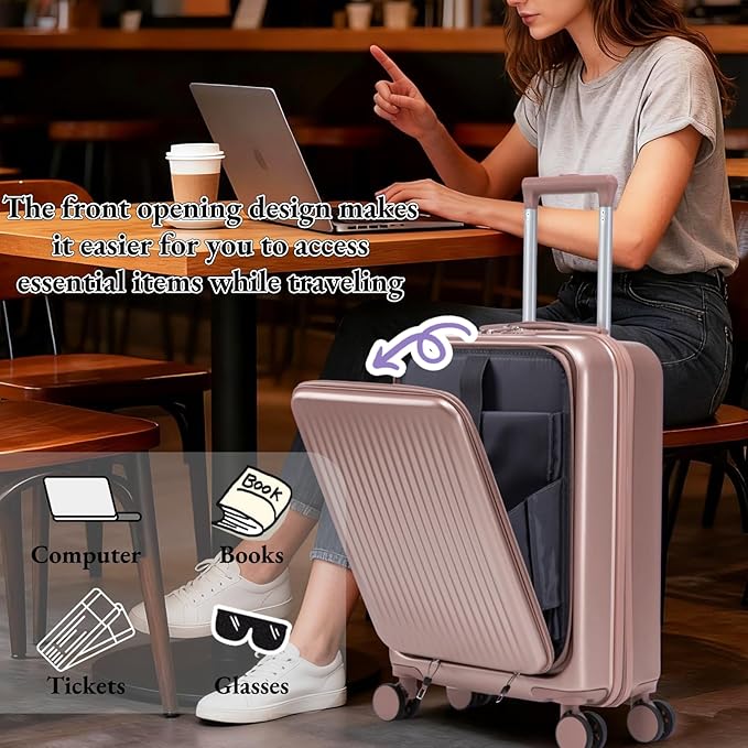 2 Pcs ABS Spinner Luggage Set with Front Opening Design, 14" Cosmetic Case & 20" Carry-On with Combination Lock For Business Trip, Champagne