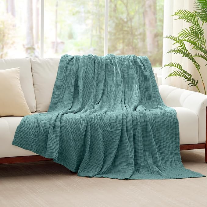 100% Cotton Muslin Blanket Twin XL 66" x 90", Breathable and Cooling Bed Blankets, Soft Boho Bedspread, Gauze Bedding for Adults All Season, Turquoise, Teal