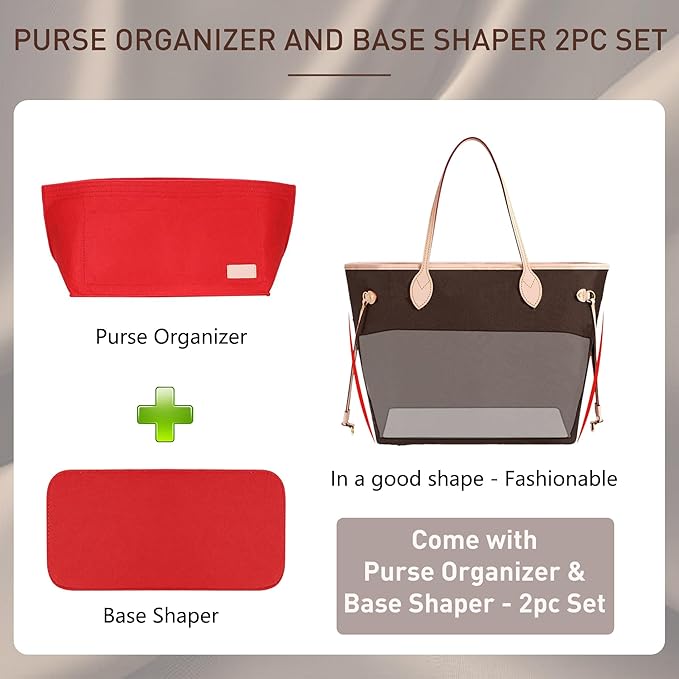 Doxo Purse Organizer Insert, Felt Bag Insert Tote Shaper Fit LV Neverfull PM & Base Shaper 2pc Set with Zipper Pocket and Bottle Holder (Medium-Red-Combination)