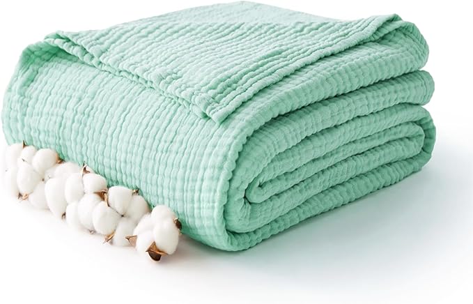 100% Cotton Muslin Blanket Twin 66" x 90", Breathable and Lightweight Cotton Twin Blankets for Couch, Soft Cooling Summer Gauze Blanket for Adults All Season, Mint