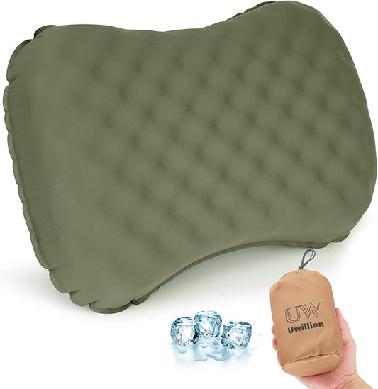 Camping Pillow with Ice Silk Memory Foam Cover - Ultralight Inflatable Pillow for Camping Lightweight, Ergonomic and Washable for Camping, Hiking, and Travel Green