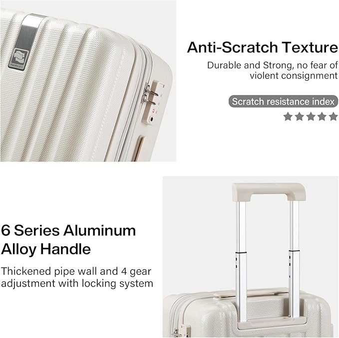 Hanke Expandable Hardshell Luggage Sets 3 piece Carry on Luggage with Wheels Suitcases Lightweight Checked Travel Luggage Rolling Large Suitcase Travel Luggage Bag Woman Men 20/24/29 Inch(Ivory White)
