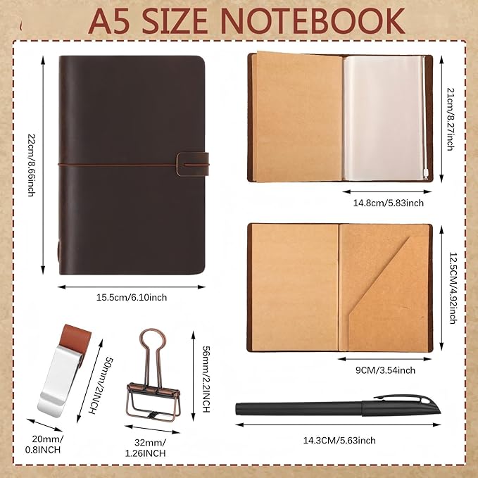 Thenshop Travelers Refillable Leather Journal Notebook Travel Diary Handmade Passport Travelers Journal for Men and Women with 3 Notebook Inserts, Pen Holder, Binder Clip(Coffee Color,A5 Size)
