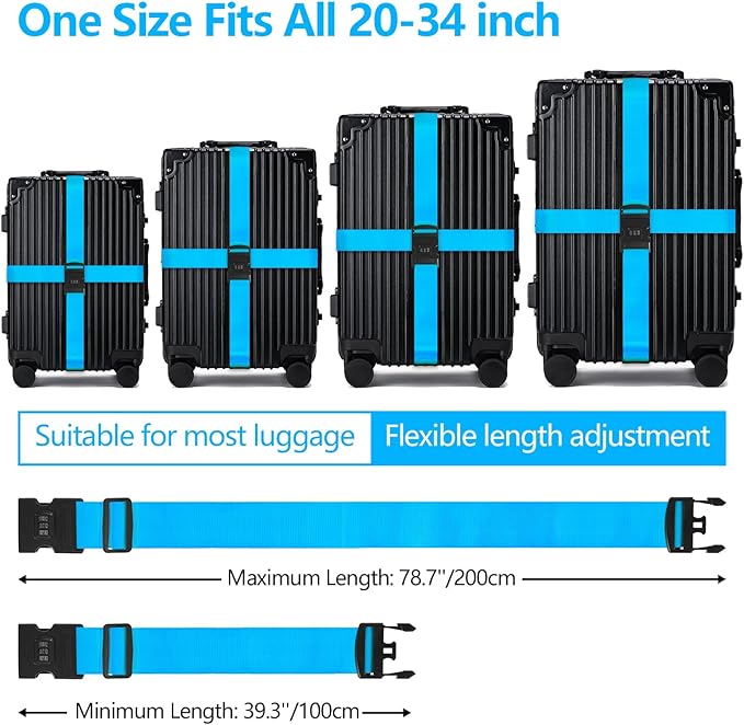 BILIONE 4 Pack Luggage Straps for Suitcases with Password Lock & Metal Tags, Adjustable Suitcase Belt & Travel Belt, Secure & Identify Luggage Connector Straps to Connect Two Bags 20-34 Inch Black