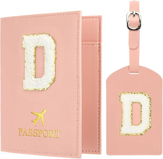 PATIKIL Passport Holder for Travel, Initial Passport Cover and Luggage Tag Set with Alphabet Chenille Letter Patch Travel Wallet Bag Suitcase Identifier for Women Family Travel Pink D