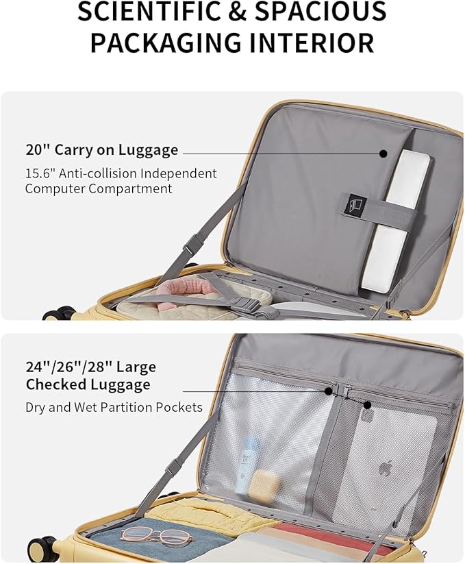 aji Expandable Top Opening 28 Inch Checked Luggage with Spinner Wheels, Large Suitcase with TSA Lock, Hard Shell Travel luggage Suitcases for Men Women, for 25+Days Travel, Cheese Yellow