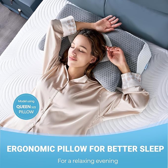 Elviros Cervical Memory Foam Pillow, 2 Pack Pillows for Neck and Shoulder Pain, Ergonomic Orthopedic Sleeping Neck Support Pillow for Side Sleepers, Stomach Sleepers (Blue)