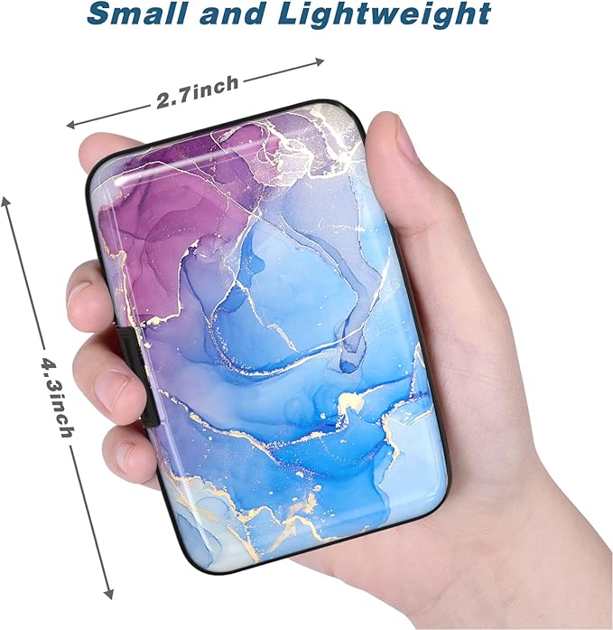 Credit Card Holder, Mini Aluminum Card Wallet RFID Blocking Slim Metal Hard Card Case for Women Men, Blue Purple Marble