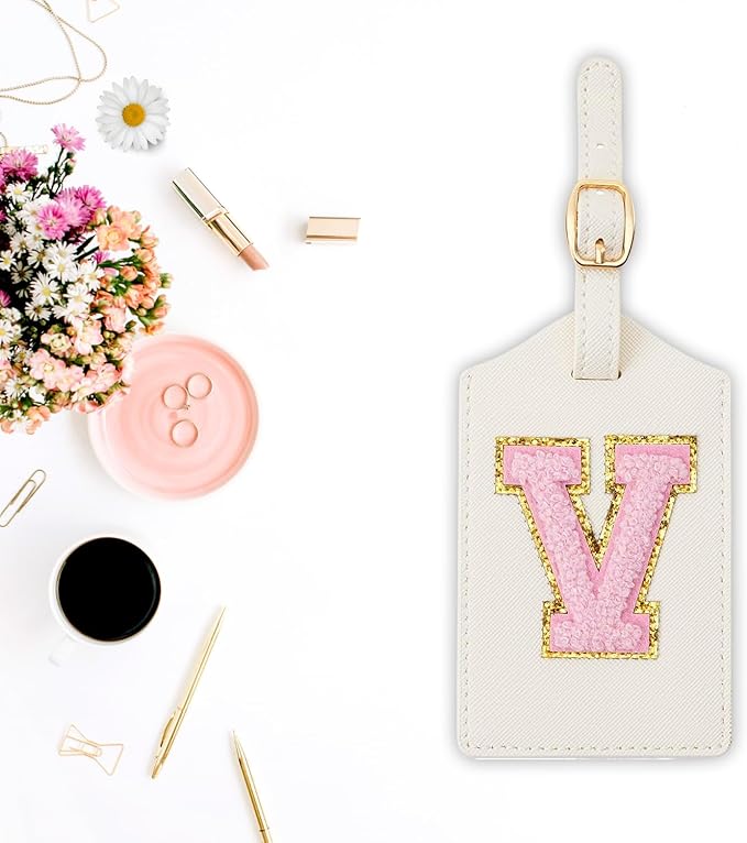 Initial Luggage Tag, PU Leather Luggage Tag, Embroidered Luggage Tag, Letter Luggage Tag, Monogrammed Luggage Tag, Luggage Tag for Baggage Bag Suitcase (V, White Leather+Pink Letter)