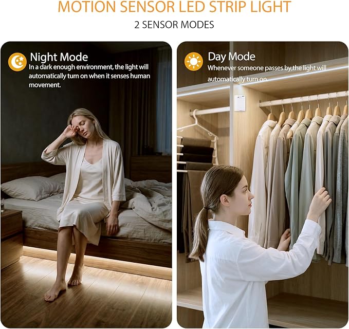 OMIKA COB Rechargeable Motion Sensor Light Indoor, 6.56FT 640LEDs 4000K Natural White Closet Lights, 1500mAh Cuttable Led Light Strip for Cupboard, Bed, Shelves, Wardrobe, Hallway, Cabinet