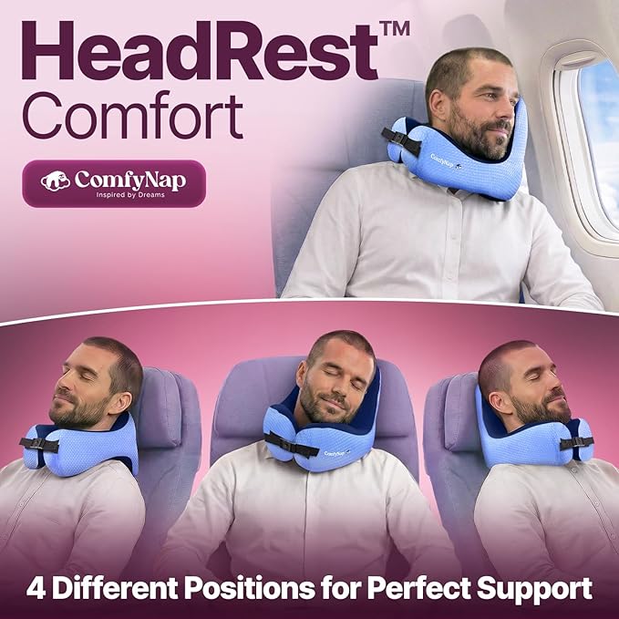ComfyNap® Versatile Travel Neck Pillow for Airplane [Patented], 9 Positions in 3 Techniques, Plane Pillow with Pure Memory Foam, Travel Pillow with HeadRest Flight Sleep, Travel Essential - Zeus