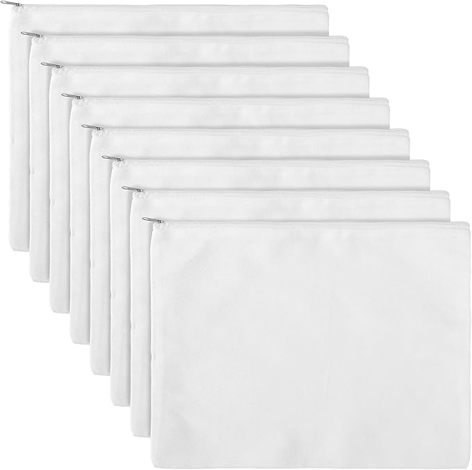 8 Pack Blank Canvas Makeup Bag, White 12 x 9 Inch Zipper Pouch Multipurpose Cosmetic Bag for DIY, Travel Organizer, Stationery Storage
