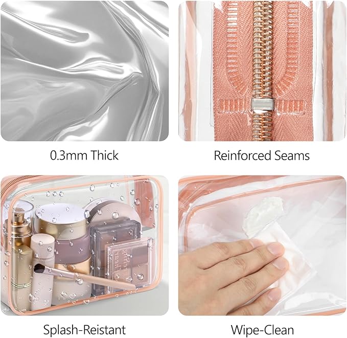 PACKISM TSA Approved Toiletry Bag 2 Pack - 1 Medium TSA Quart Carry-On & 1 Large for Checked Luggage, Water-resistant Clear Makeup Bag Clear Travel Bags for Toiletries, Rose Pink