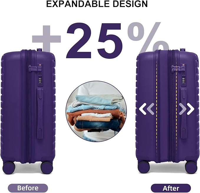 LARVENDER Luggage Sets 3 Piece, Expandable Hardside PP Carry On Luggage Suitcase with 360° Spinner Wheels TSA Lock Suitcase Set for Women Men, Grape Purple