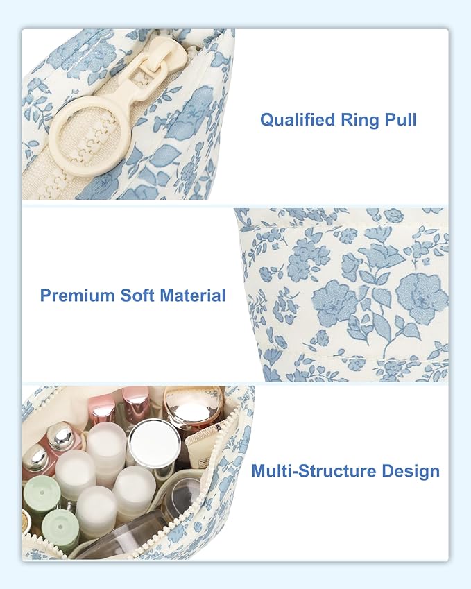 Relavel Floral Makeup Bag, Mini Cosmetic Pouch for Women, Portable Traveling Car Bag for Essentials with Compartments, Cute Toiletry Bag Organizer - Blue Flower