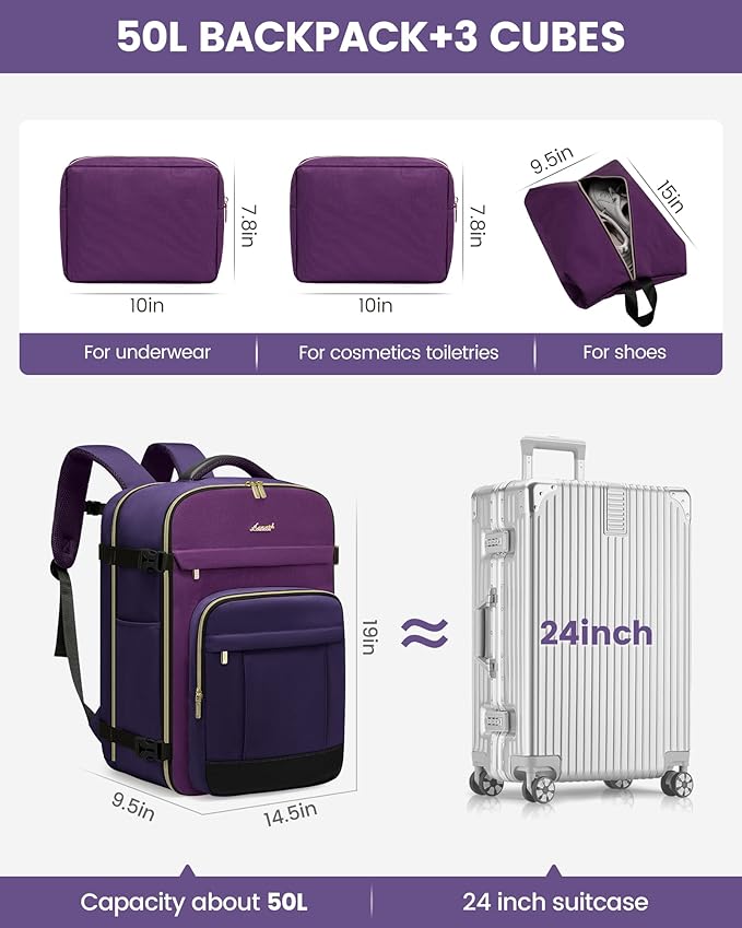 LOVEVOOK 50L Travel Backpack for Women & Men - 18 Inch Carry On Backpack & Personal Item Backpack for Airlines, Spacious and Durable Design, with 3 Packing Cubes