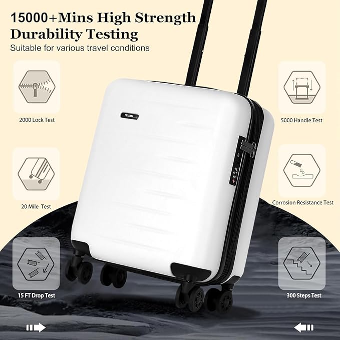 16 Inch Underseat Carry On Luggage Airline Approved, Expandable Lightweight ABS+PC Hard Shell Suitcases with 360° Spinner Wheels, TSA Lock, YKK Zipper, for Business Weekender (White, 1 PC)