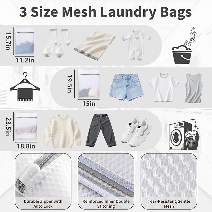 150L Laundry Bag Backpack with 3 Sizes Mesh Wash Bags and Shoulder Straps Foldable Clothes Hamper Bag with Drawstring Closure for College, Apartment, Laundromat (White)
